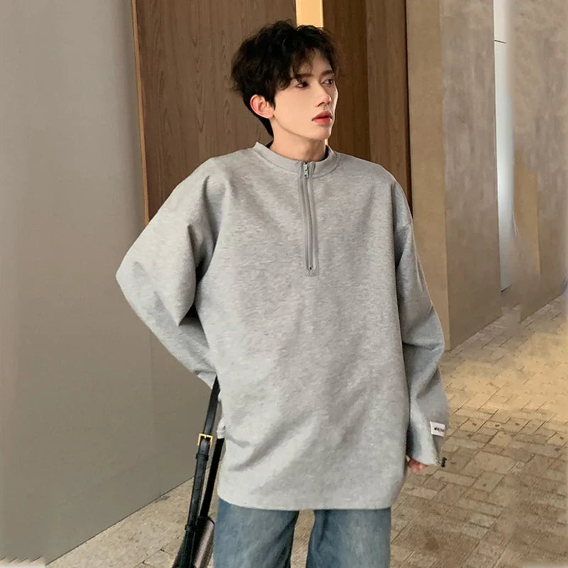sanyamk - Korean Style Men's Sweatshirts Zippers Round Collar Soldi Color New Trendy Pullover Loose Male Pullover Tops Autumn 9C5565