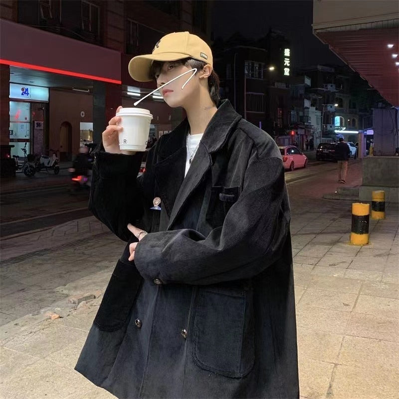 sanyamk Winter Men's Dark Brown Vintage Suit Jacket Handsome Male Retro Outerwear Corduroy Fabric Fashion Trend Coats Size S-4XL