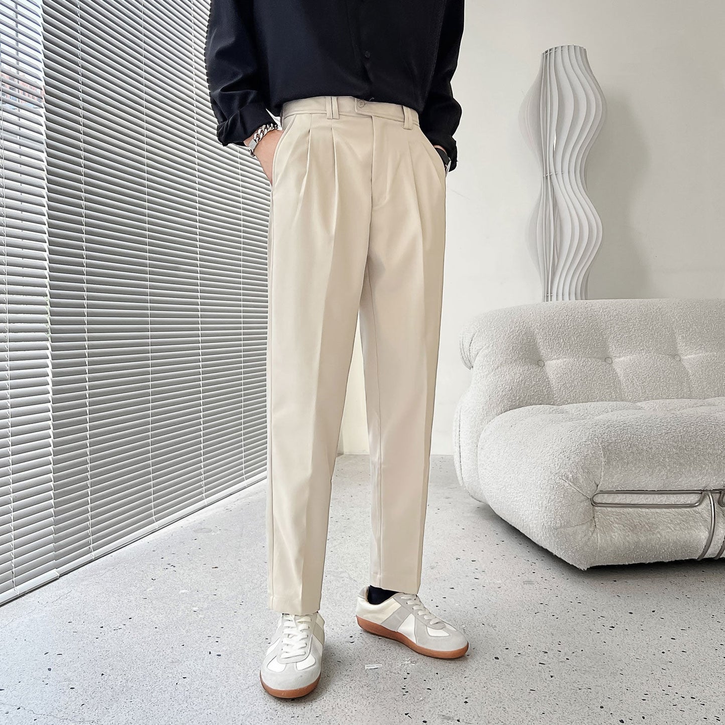 sanyamk Men's Fashion Trend Casual Pants Men Slim Fit Social Business Suit Pants Loose Formal Beige/black Color Trousers S-XL