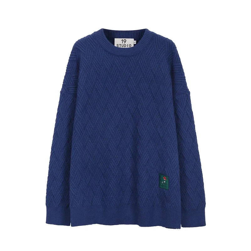 Bonsir - Winter Autumn Thick Pasted Cloth Pattern O-Neck Sweater Men's Loose Casual Blue Kinttwear Tops Korean Chic Clothing 2A0524