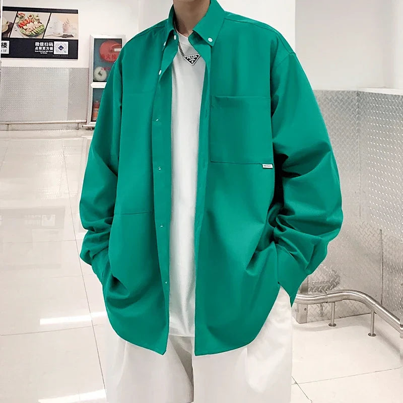 sanyamk - Streetwear Loose Mens Shirt Long Sleeve Black Casual Blouses Fashion Pockets Cardigan Outwear