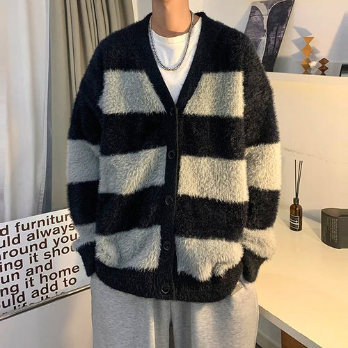 Bonsir Male Cardigans Vintage Retro Sweater Men's Knitted Contrast Color Sweater Winter Warm Casual Korean Streetwear Harajuku F140