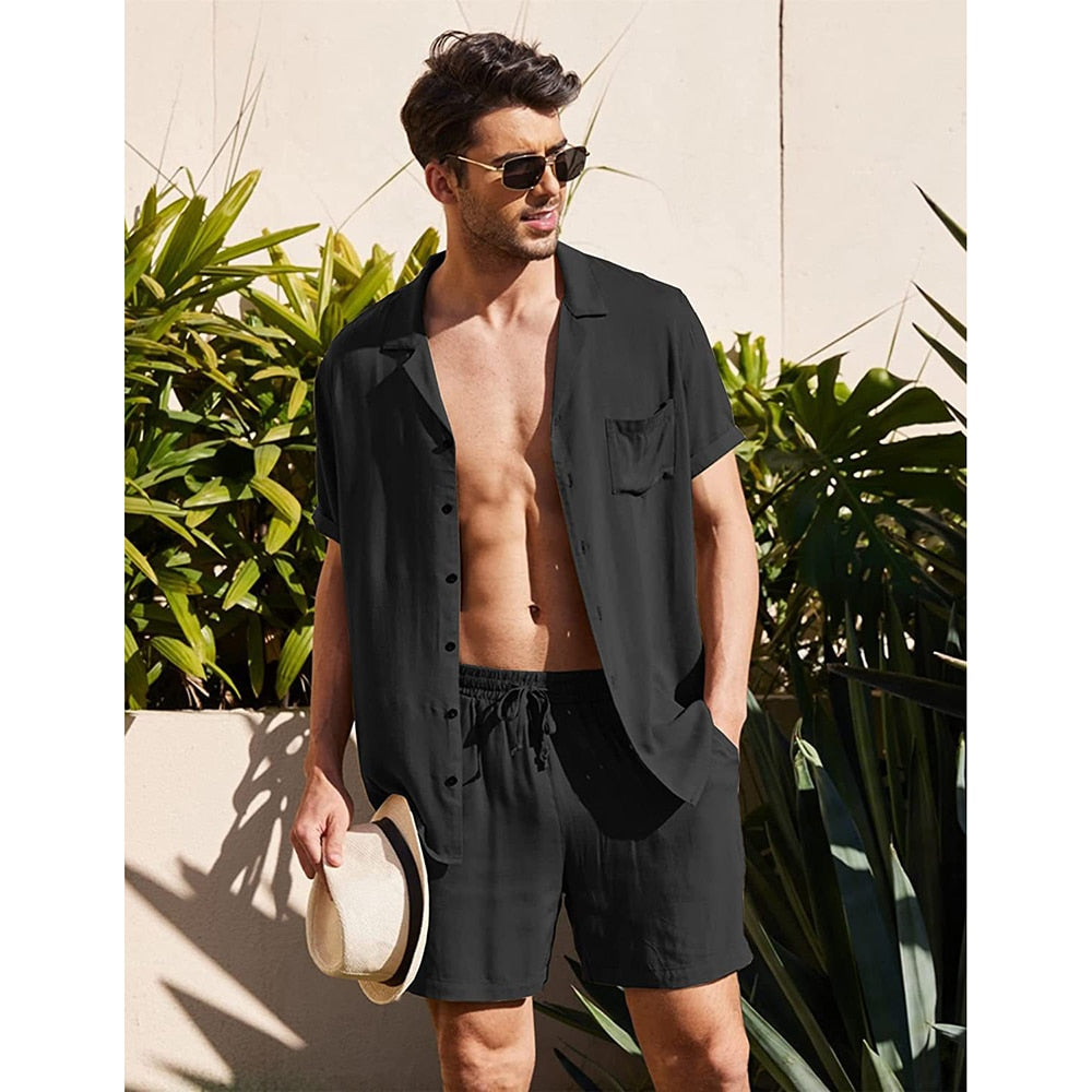 sanyamk Summer Cotton and Linen Men Suit Short Sleeve Shorts Solid High Quality 2 Piece Beach Outdoor Travel Casual Breathable Blazer