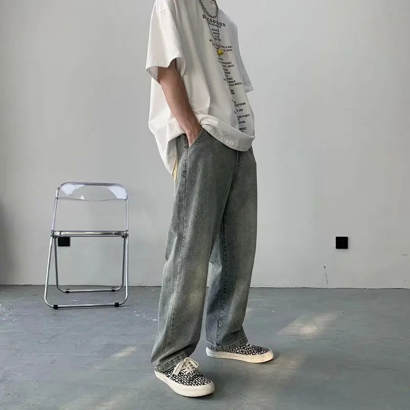 sanyamk Lazy Style Men Jeans Korean Hip Hop Patchwork Oversized Straight Jean Pants Streetwear All-match Denim Pants Light blue jeans