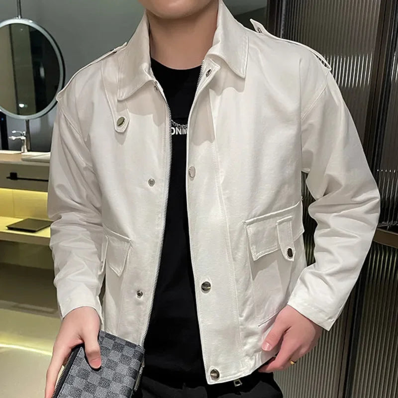 BONSIR - Autumn Retro High Street Couple Bomber Jacket Solid Color Large Pocket Baseball Jacket Men Coat Lapel Jacket Male Club Outfit