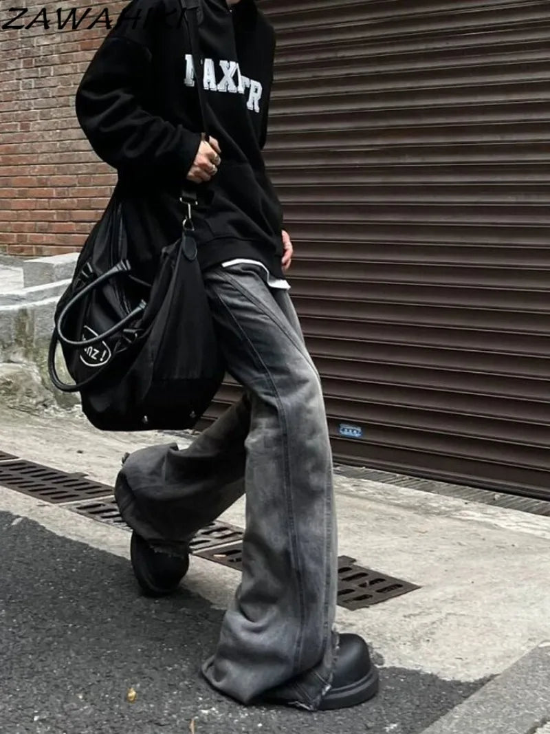 sanyamk Flare Jeans High Street Solid Color Frayed Gradient Wide Leg Baggy Pants All Match Vintage Fashion Chic