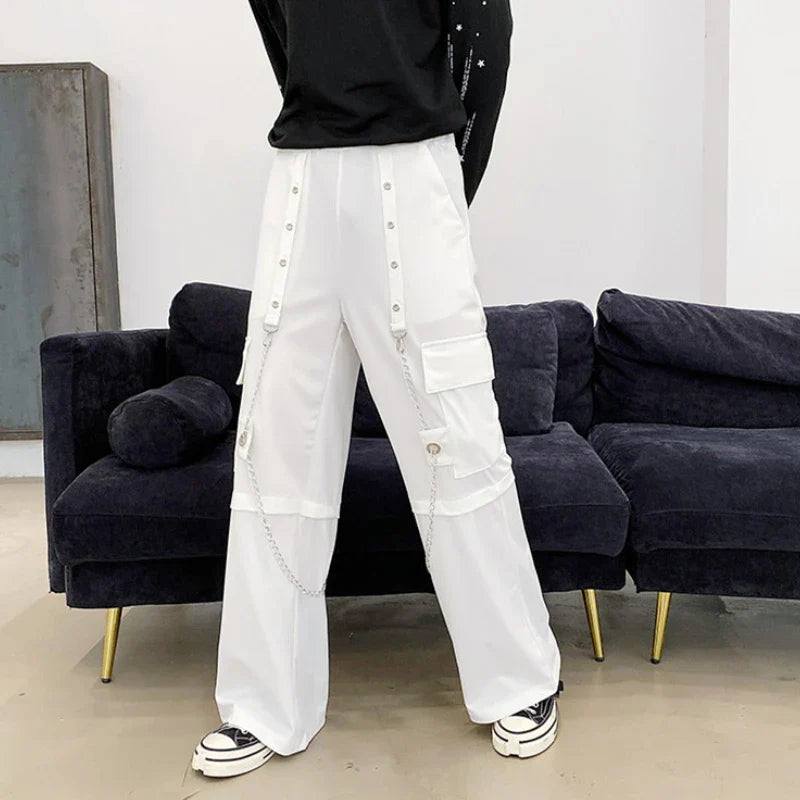 sanyamk - Men Autumn New Fashion Wide Leg Pants Both Metal Chain Decor Big Pockets Elastic Overalls Mens Loose Casual Streetwear Trousers