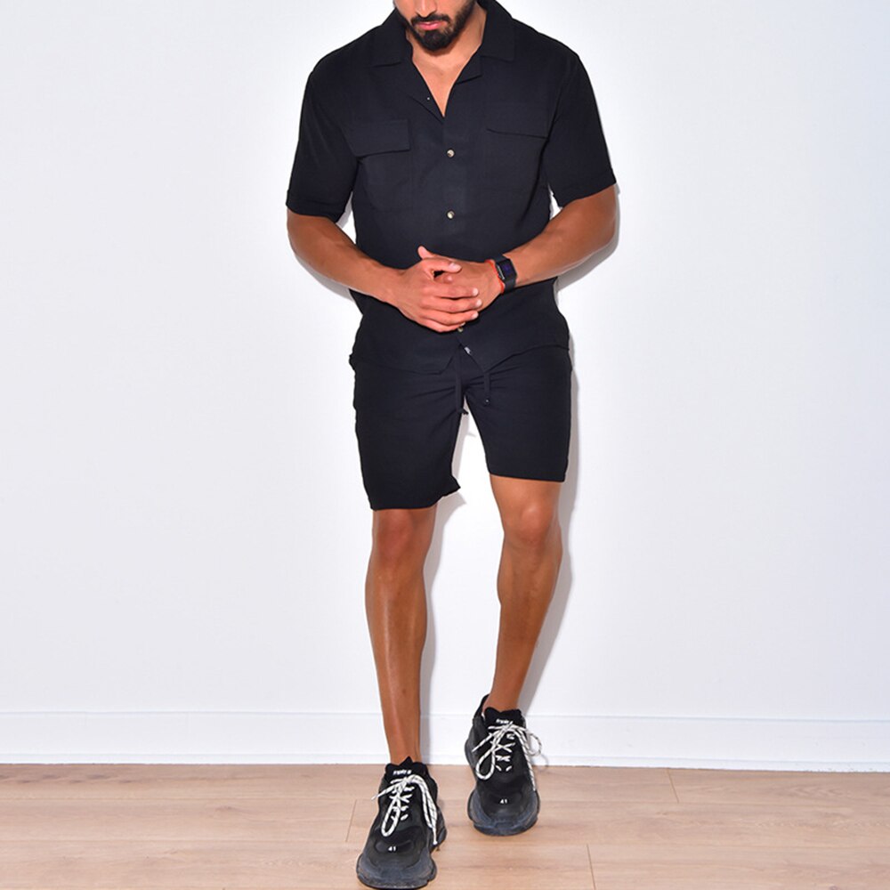 sanyamk Casual Suit Men's Wide Short-sleeved Shirt Two-piece Casual Shorts Summer New Holiday Fashion Lapel Short-sleeved Top Suit