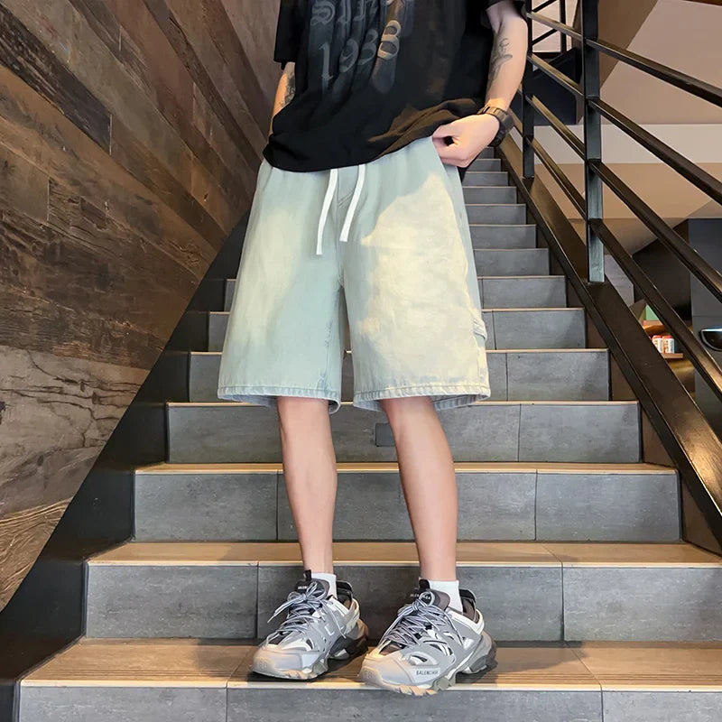 sanyamk Zipper Patchwork Jeans Shorts Men Harajuku Streetwear Denim Shorts Hip Hop Summer Casual Loose Straight Shorts Clay Yellow