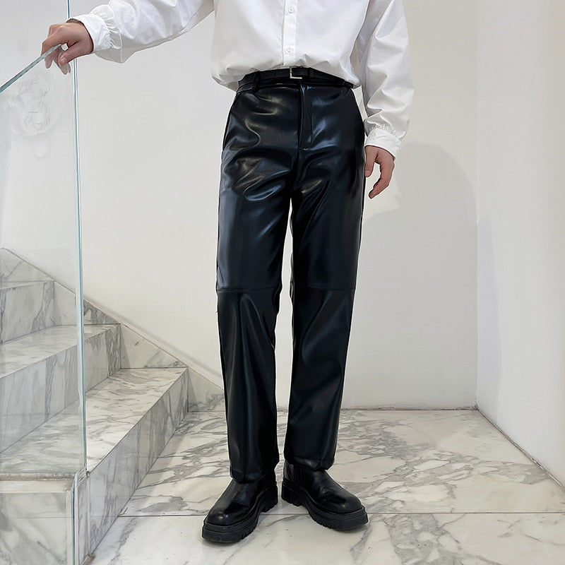 Bonsir Casual PU Leather Straight Trousers for Men Korean Streetwear Vintage Fashion Motorcycle Pants Male Niche Leather Pants