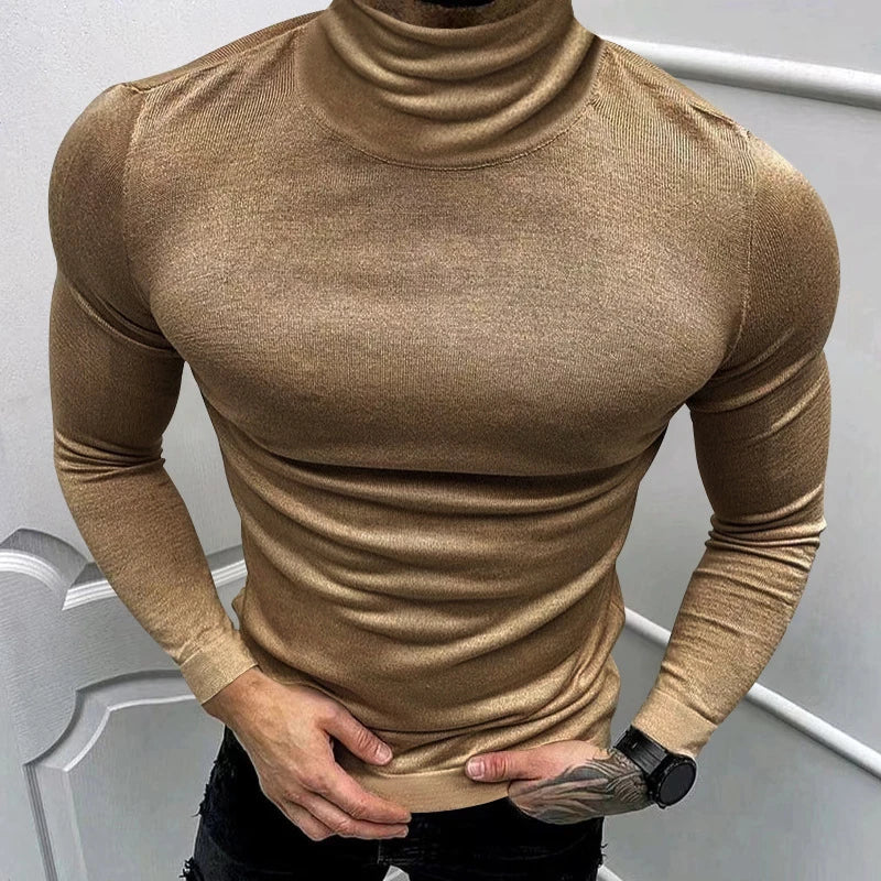 BONSIR - 2024 Spring Fall Casual Solid Color Basic T-shirt Men Clothing T Shirt Luxury Men's T Shirts Turtleneck Long Sleeve Slim Tops