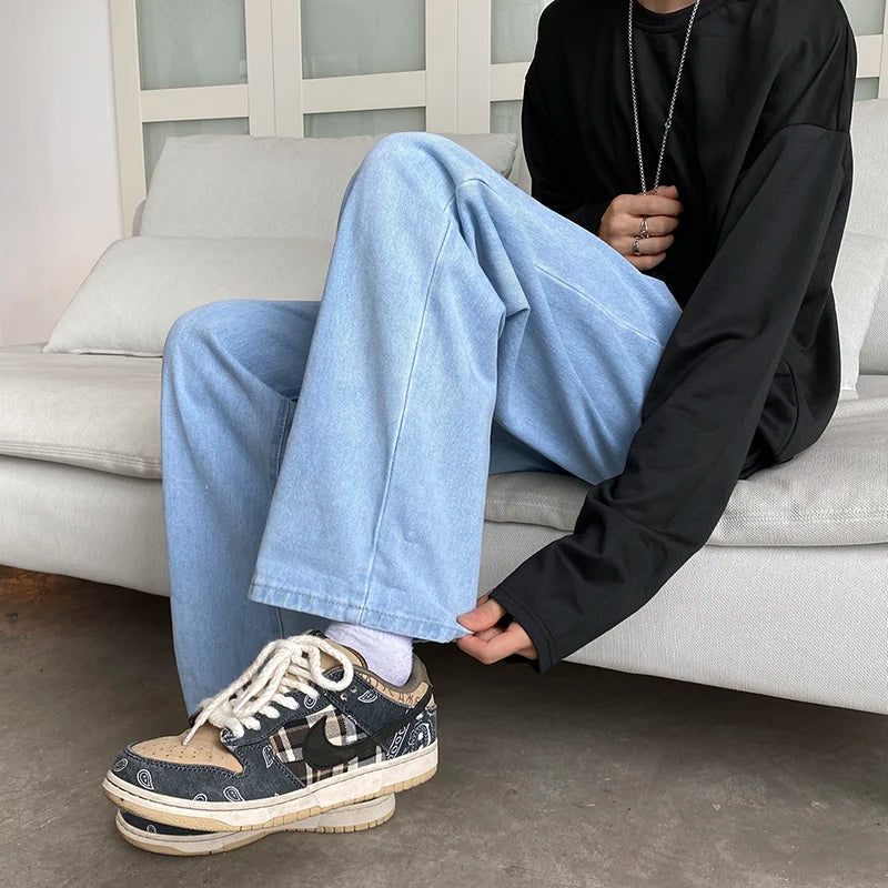 sanyamk New Men's Classic Loose Casual Jeans Student High Street Straight Stretch Blue Light Blue Black Jeans Men's Clothing