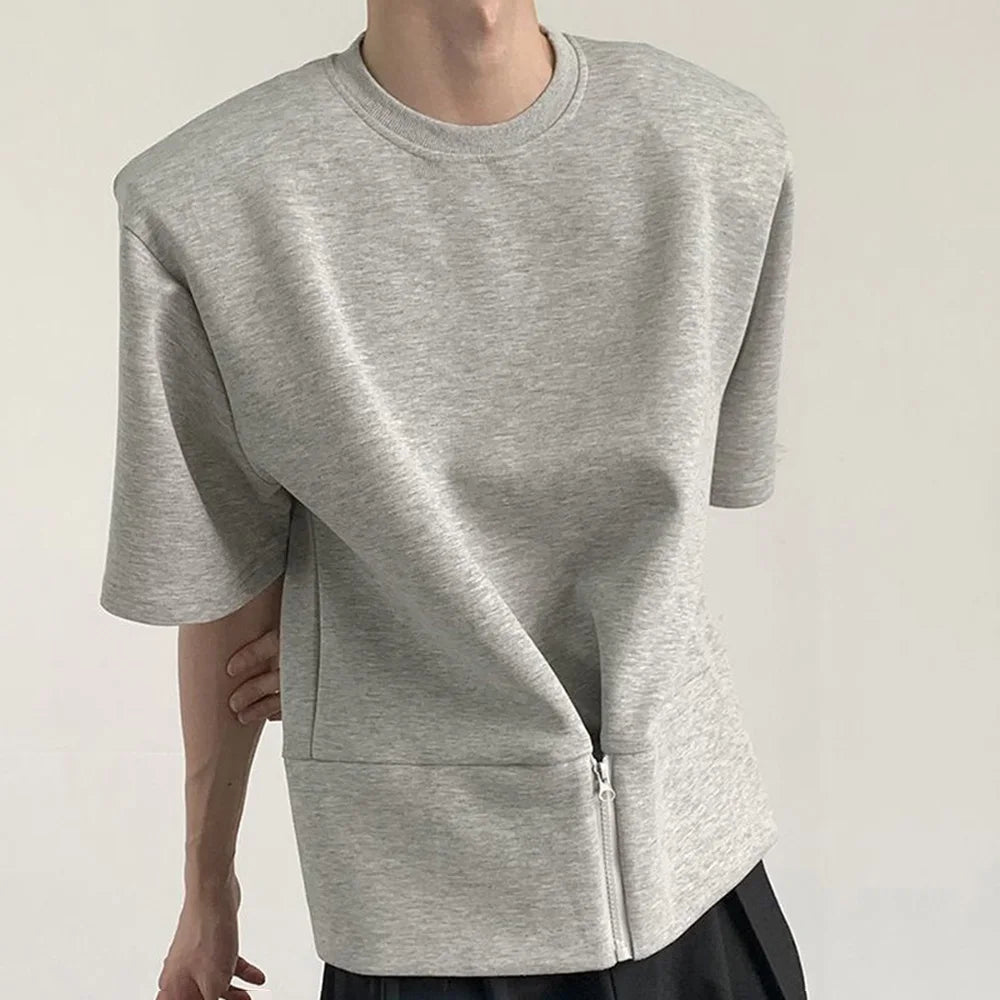 Bonsir Shoulder Pad Short Sleeve T Shirt Men's Retro Pullover Loose Design O Neck Top Half Sleeve Summer Zipper Half-sleeved Tees Shirt