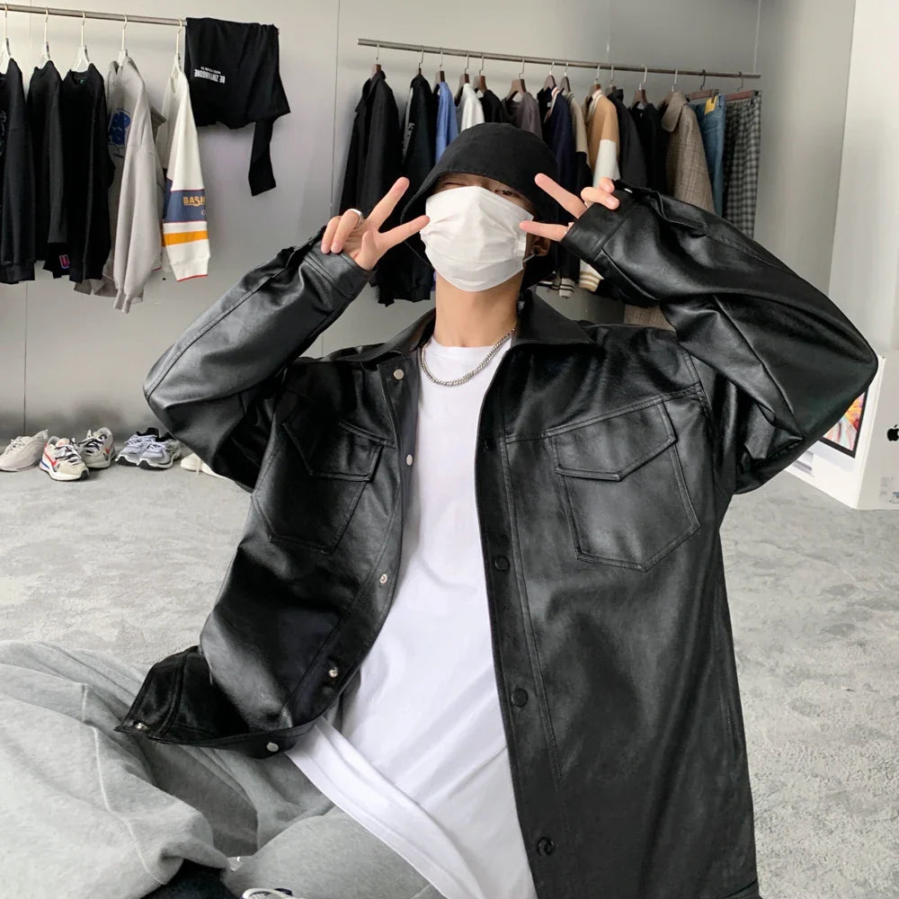 BONSIR - Autumn Winter PU Jackets Men Solid Color Leather Coat Casual Motorcycle Biker PU Jacket Classic Black Male Clothes Plus Size 5XL