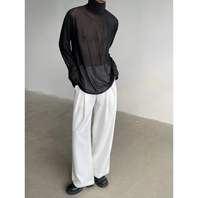 sanyamk Sexy Perspective High-neck Long Sleeve T Shirt Men Women Net Yarn Bottoming Shirt Spring Summer Transparent Black Tee Shirts