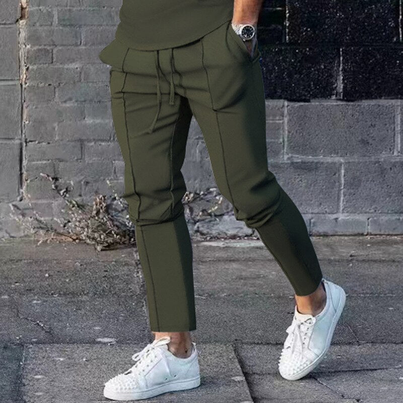 Bonsir Autumn Sports Casual Pants Men Solid Straight Slim Long Pant Drawstring Mid Waist Tie-up Trousers Mens Fashion Streetwear