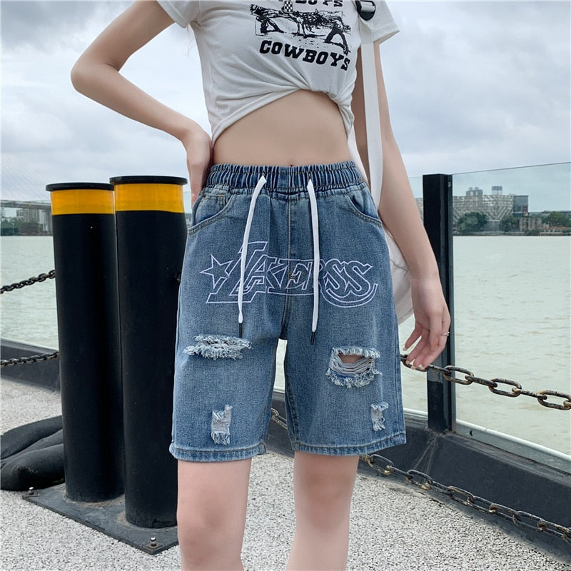 Bonsir Men's Denim Shorts Letter Embroidery Ripped Hole Short Jeans Women Wide Leg Shorts Hip Hop Drawstring Vintage Denim Pants Summer