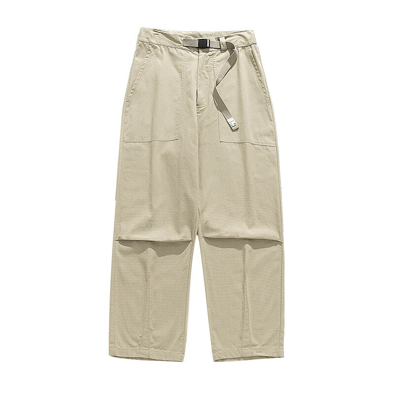 Bonsir Spring/Summer New Korean Street Fashion Men's Loose Belt Design Pleated Casual Pants Men's Retro Wide leg Cargo Pants