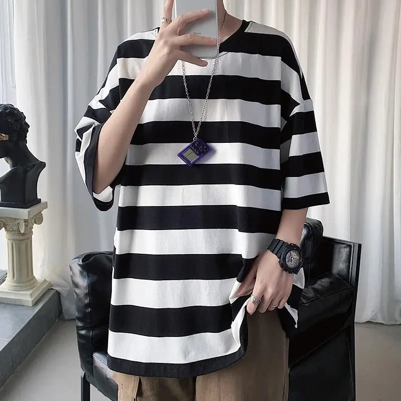 sanyamk - Printing Round Neck Spring Summer T-Shirts Simplicity Striped Handsome Short Sleeve Pullovers Loose Streetwear Men's Clothing