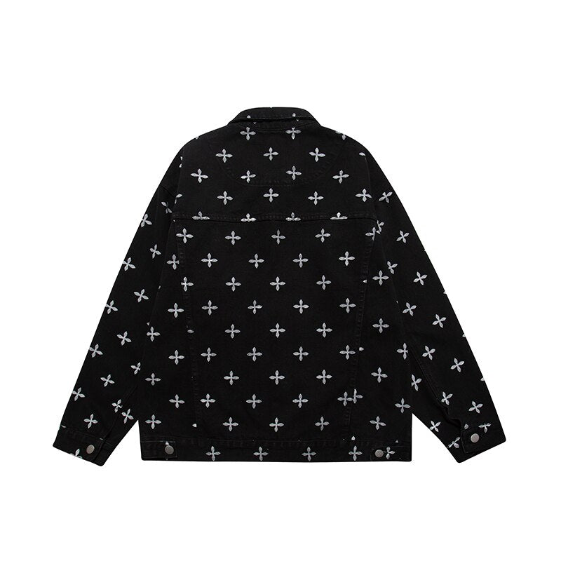 sanyamk High Street Full Cross Print Laple Black Jeans Coats for Men and Women Spliced Retro Hip Hop Autumn Casual Denim Jacket