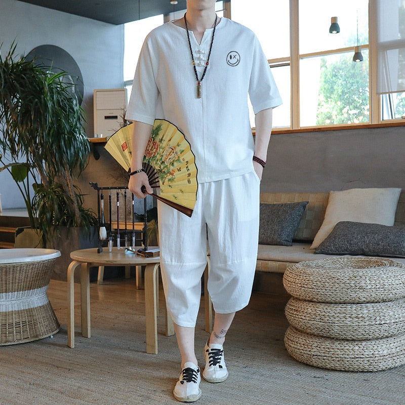 sanyamk Japanese Style Suits Kimono Short-Sleeved T-shirt Pants Two Piece Men Tops Trousers Male Japan Harajuku Yukata Cardigan Costume