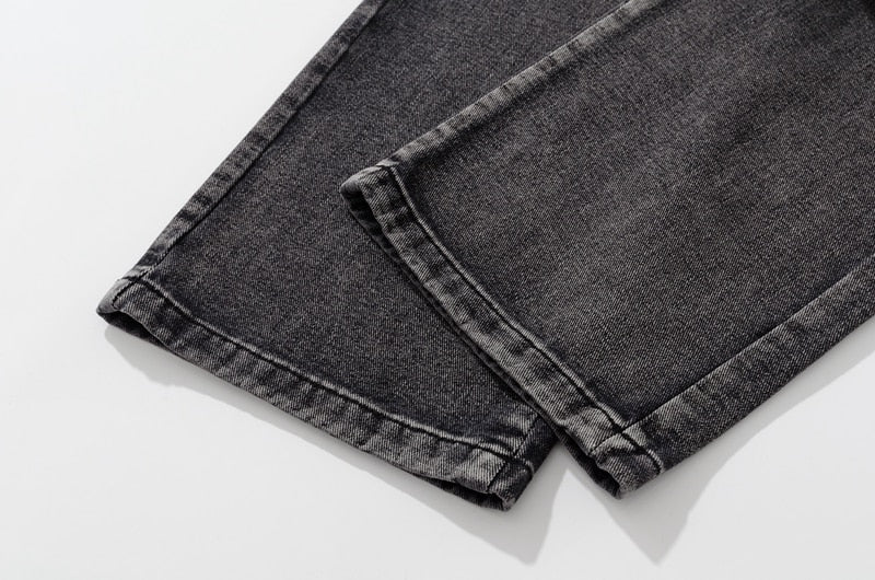 sanyamk Distressed Embroidery Pockets Elastic Waist Retro Jeans Pants Men and Women Straight Washed Casual Baggy Denim Trousers