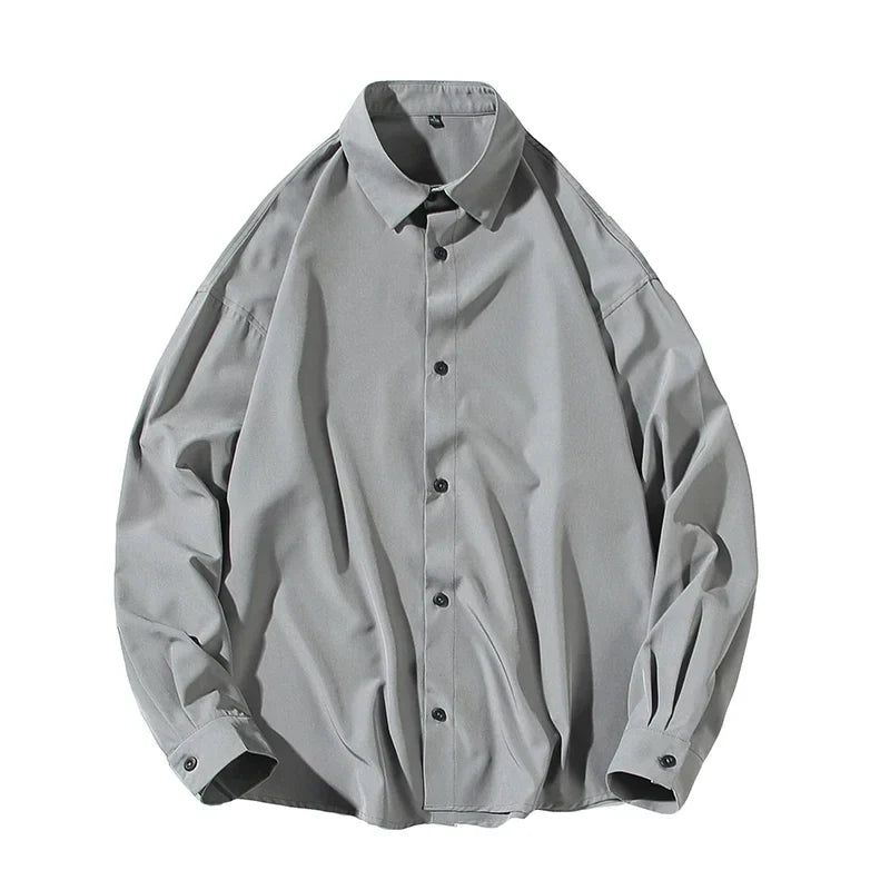 Bonsir Summer Mens Long Sleeve Shirts Solid Color Casual Cardigan Loose Base Vintage Harajuku Tops Blouses