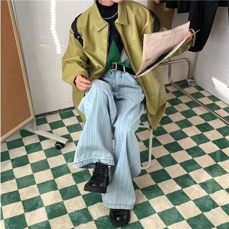 sanyamk Men's Fashion Trend Vintage Green Color Baseball PU Leather Jacket Loose Retro Coats High-quality Casual Outerwear M-2XL