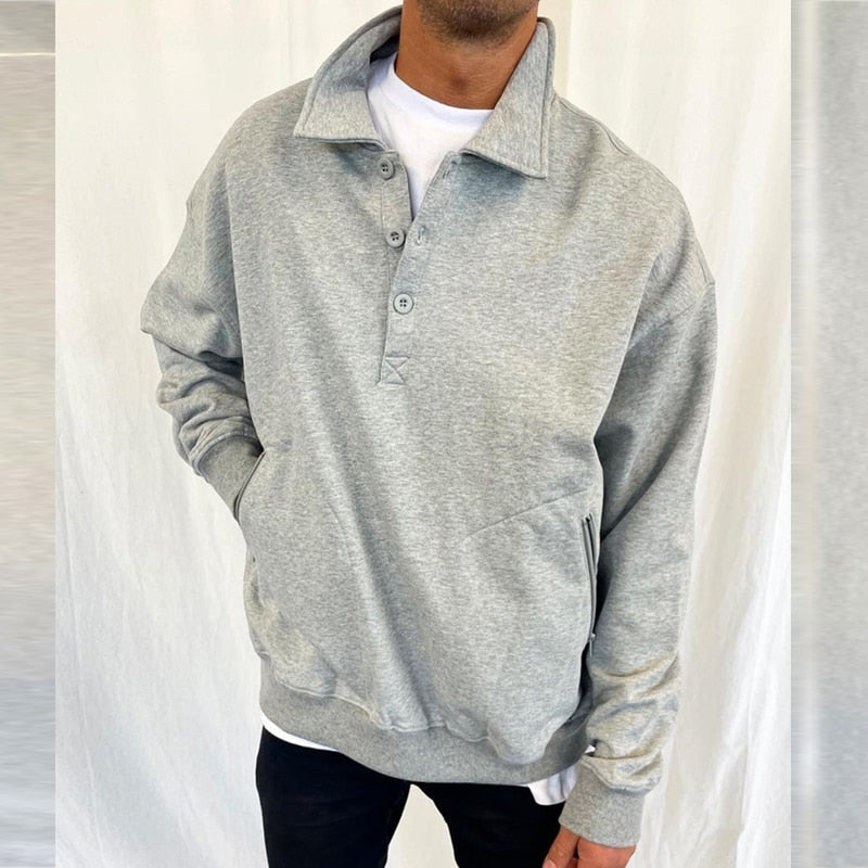 sanyamk Fashion Solid Color Lapel Button Sweatshirt Mens Spring Long Sleeve Loose Pullover For Men's Clothes Streetwear Vintage Hoodies