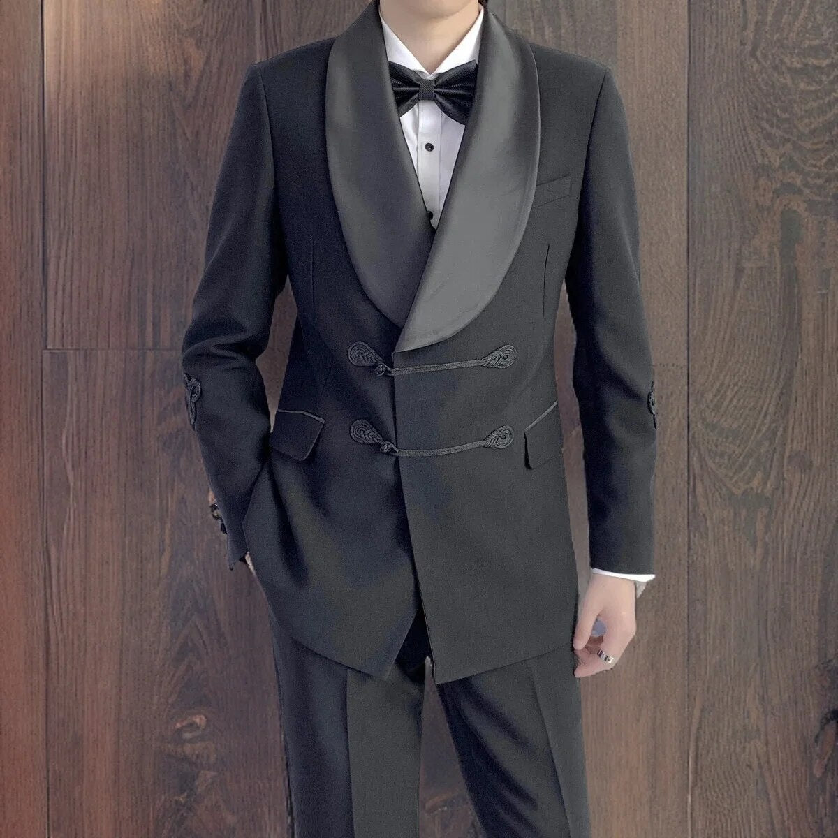 sanyamk Formal Wedding Groom Tuxedo With Chinese Knot Black Shawl Lapel Men Suits Double Breasted Slim Fit Blazer 2 Pcs (Jacket + Pants)