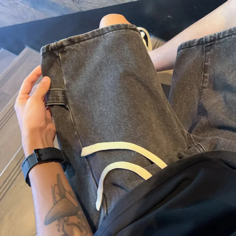 sanyamk Zipper Patchwork Jeans Shorts Men Harajuku Streetwear Denim Shorts Hip Hop Summer Casual Loose Straight Shorts Clay Yellow