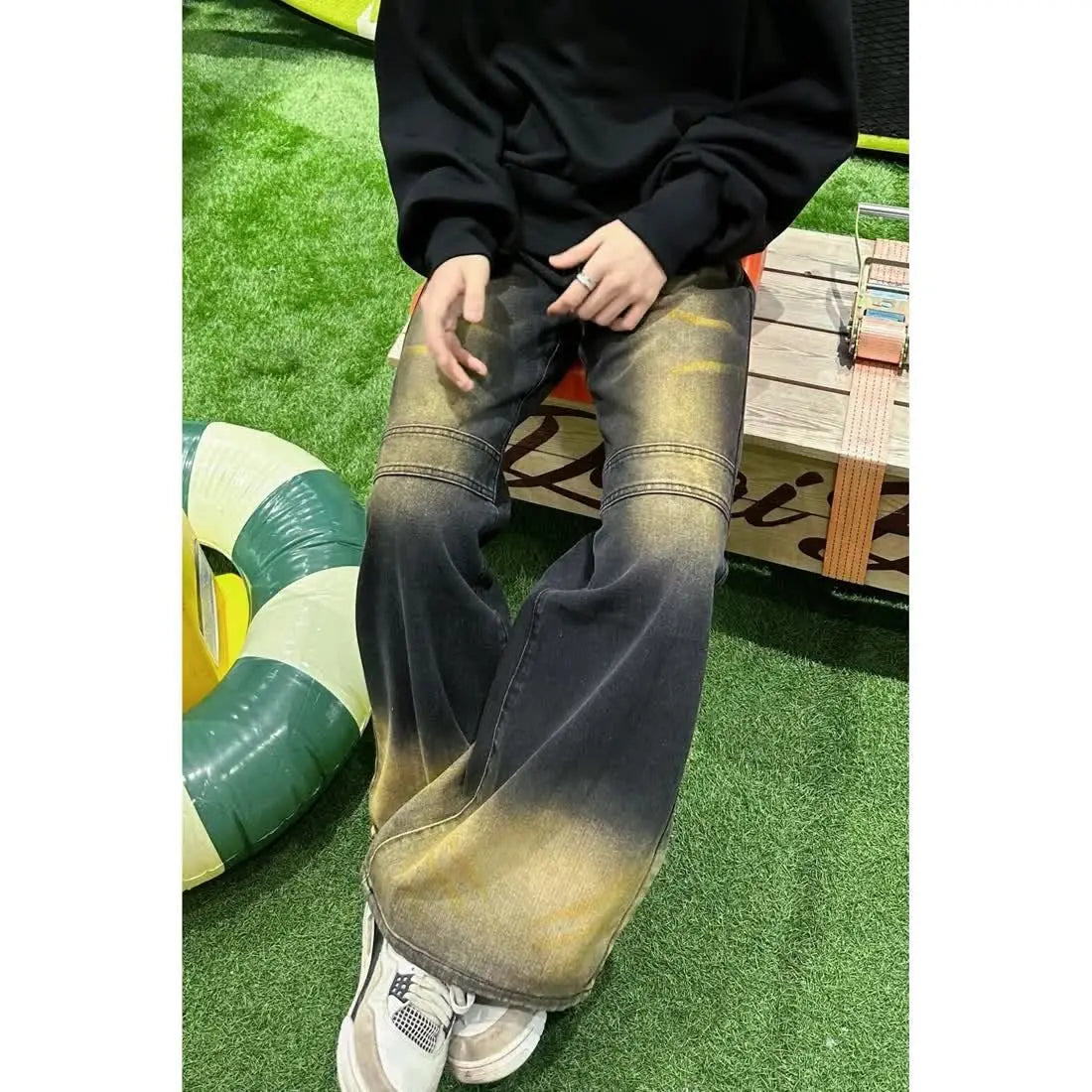 sanyamk High street hip-hop men and women trendy washed personalized micro trumpet retro patchwork jeans American loose casual pants