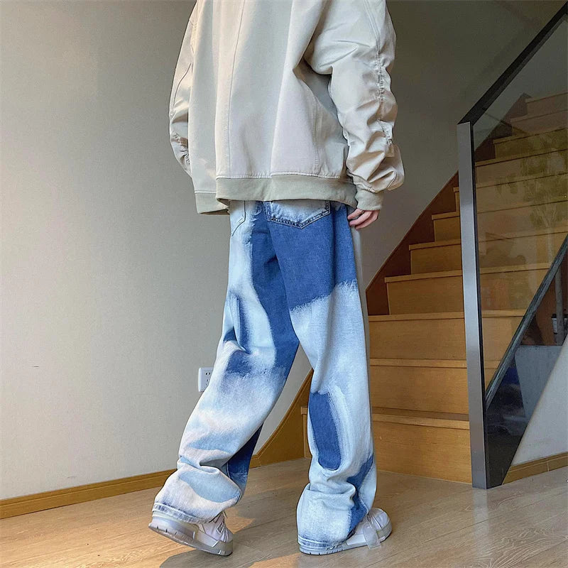 sanyamk Young Men's Tie-dye Loose Straight Jeans Street Hip-hop Baggy Wide-leg Pants Korean Style Fashion Skateboard Casual Pants