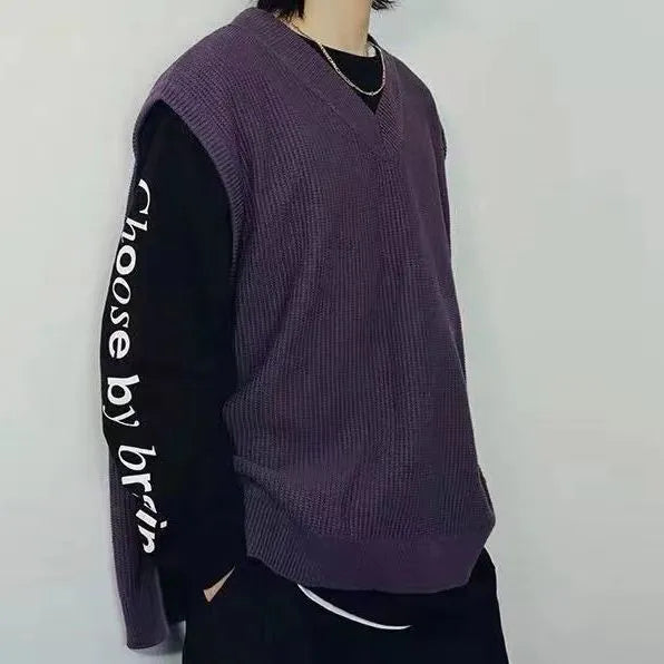 Bonsir Korean Style Fashion Chic Solid Color Knitting Pullovers Top Men's Autumn New Loose V-neck Sleeveless Vests Male W422