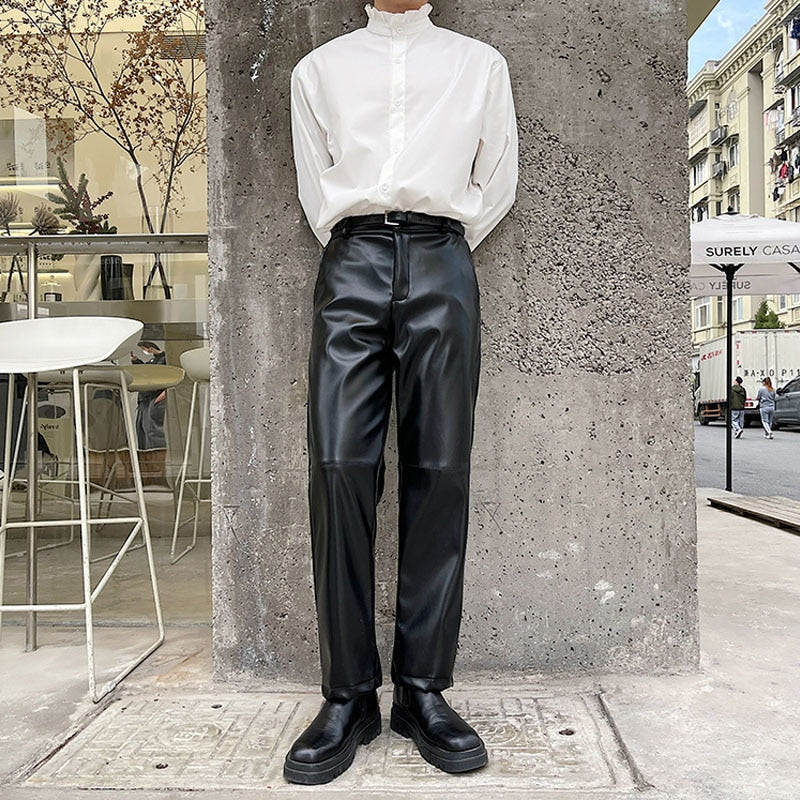 Bonsir Casual PU Leather Straight Trousers for Men Korean Streetwear Vintage Fashion Motorcycle Pants Male Niche Leather Pants