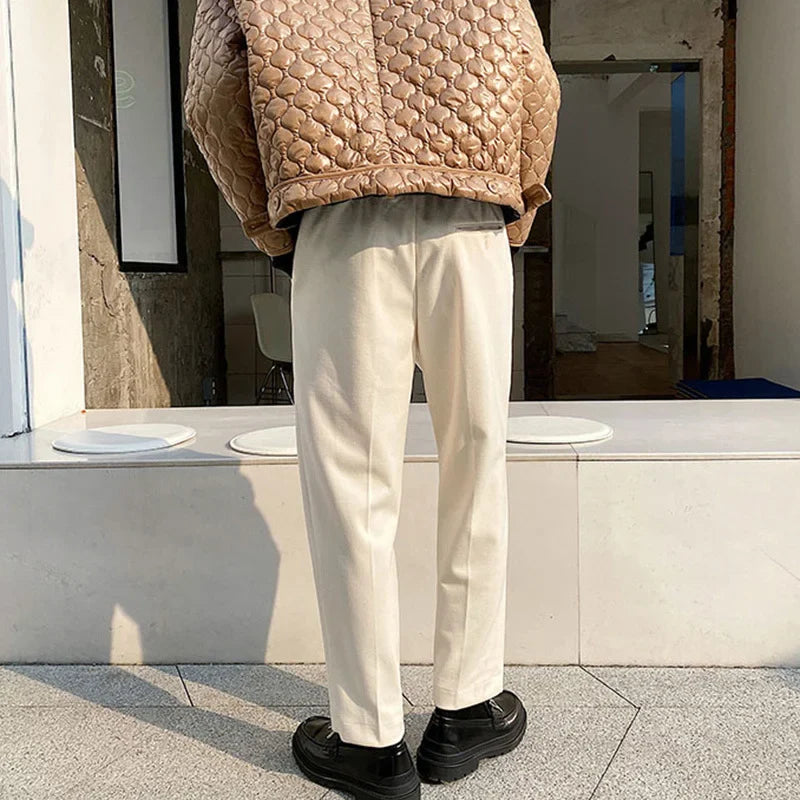 Bonsir - Autumn Elastic Waist Causal Pants For Men Korean Trend Solid Color Dark Pattern Slim Fit Trousers Black Apricot 2Y2313