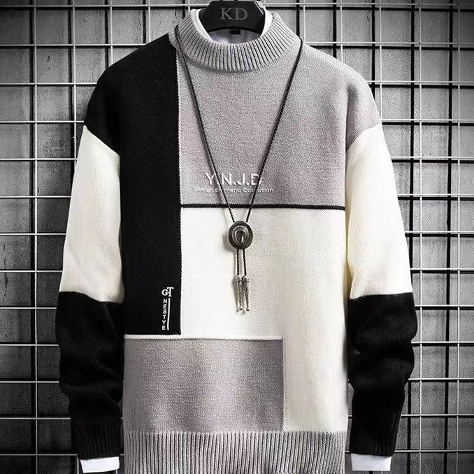 Bonsir autumn and winter new sweater warm fashion stitching color matching pullover round neck sweater thickened knitted sweater
