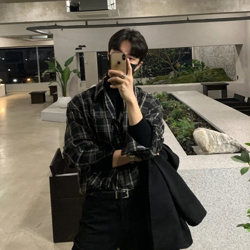 sanyamk Korean Plaid Shirt Men Oversized Fashion Retro Casual Shirt Men Streetwear Loose Long Sleeved Shirt Mens Black Vintage Shirts