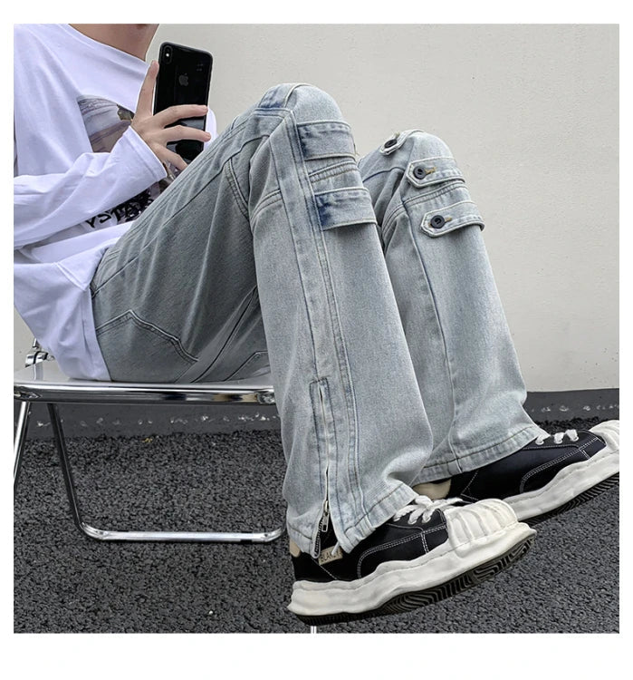 Bonsir American Style High Street Niche Style Zipper Jeans Men Trendy Brand Fried Street Loose Straight Tube Work Pants Design Sense