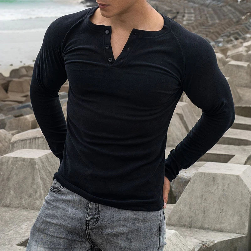 BONSIR - Spring Fall Casual Solid Slim Pullover Tees Male Fashion Long Sleeve t shirt Casual Double-plush Elastic Gym Shirts Men Clothing