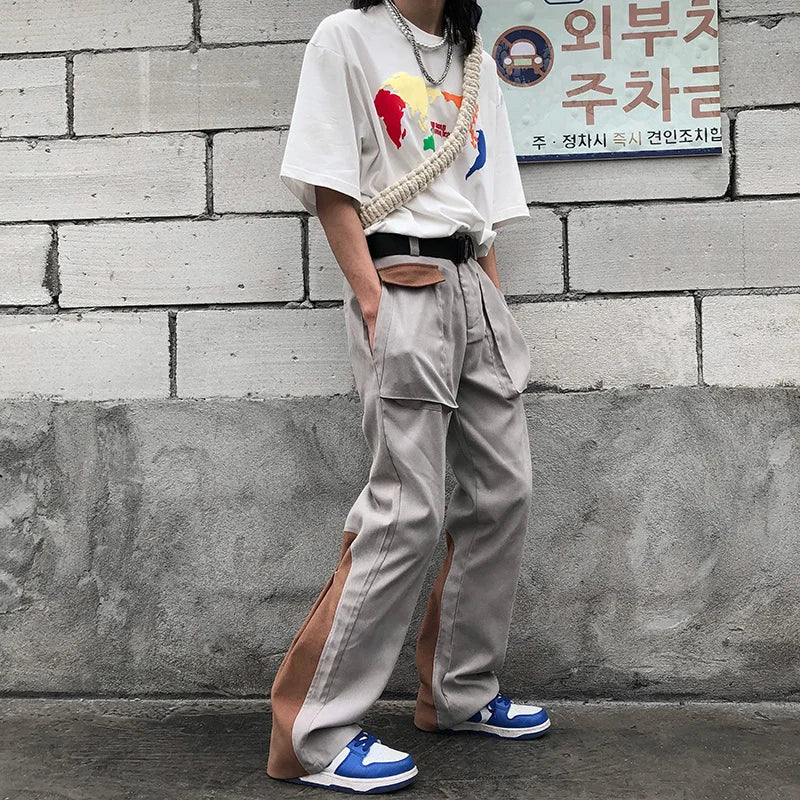 Bonsir - Street High Vibe Style Cargo Pants Men's Fashion High Street Pants Overalls Color Block Patchwrok Button Trousers 2Y5808