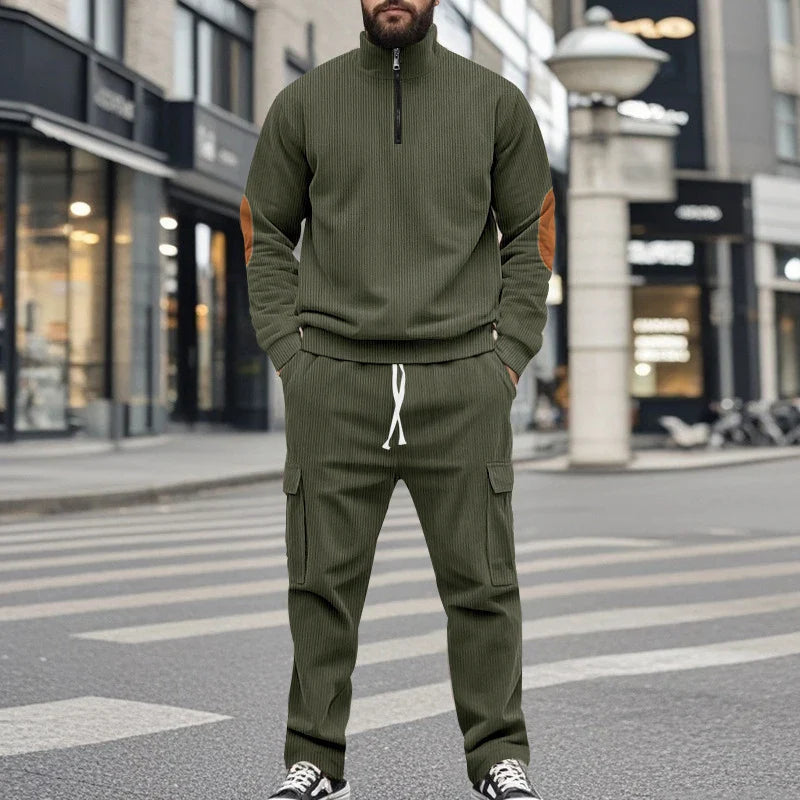 sanyamk - Vintage Patchwork Corduroy Outfits Mens Long Sleeve Stand Collar Sweatshirts And Pants Two Piece Sets Men Clothing Casual Suits