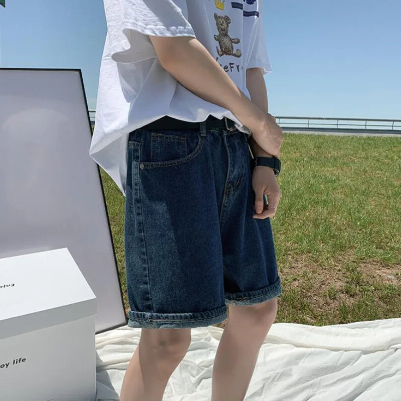 sanyamk Summer Denim Shorts Men Fashion Retro Blue Denim Shorts Men Streetwear Korean Loose Straight Jeans Shorts Mens Five Part Pants