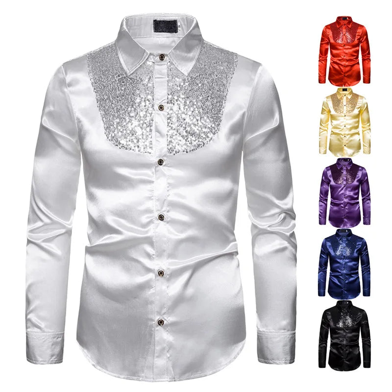 sanyamk Men's Shirt Sequin Lapel Solid Color Slim Fitting Business Casual For Wedding Banquet Performance Men Suit Long Sleeved Shirt