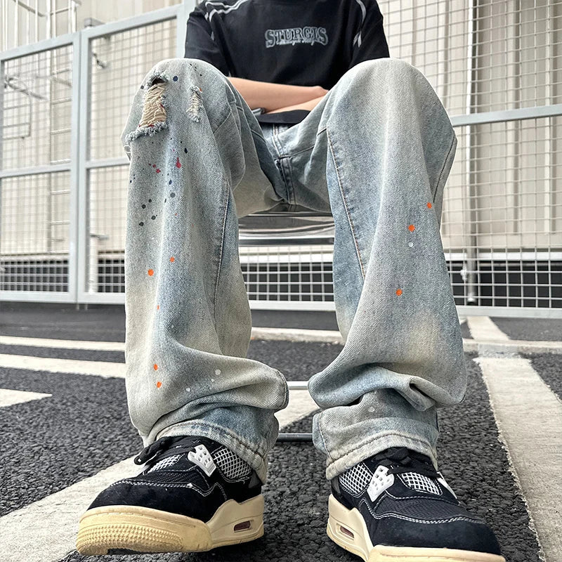 BONSIR - New Ripped Jeans Man Pants Colored Paint Dots Long Straight Casual Denim Trousers Fashion Oversized Streetwear Clothing Men