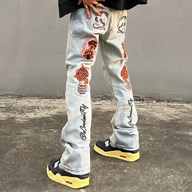 sanyamk High Street Flame Skull Embrodiery Vintage Denim Trousers Men's Distressed Washed Straight Baggy Oversized Jeans Pants