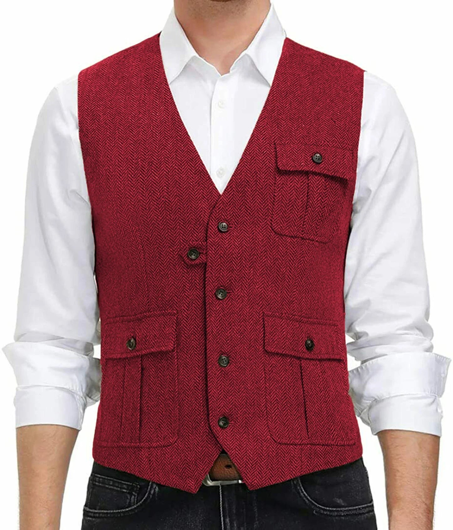 sanyamk Light Blue New Men Vest Wool Tweed Casual Waistcoat Formal Business Vest For Wedding Groomsmen Party Banquet Suit
