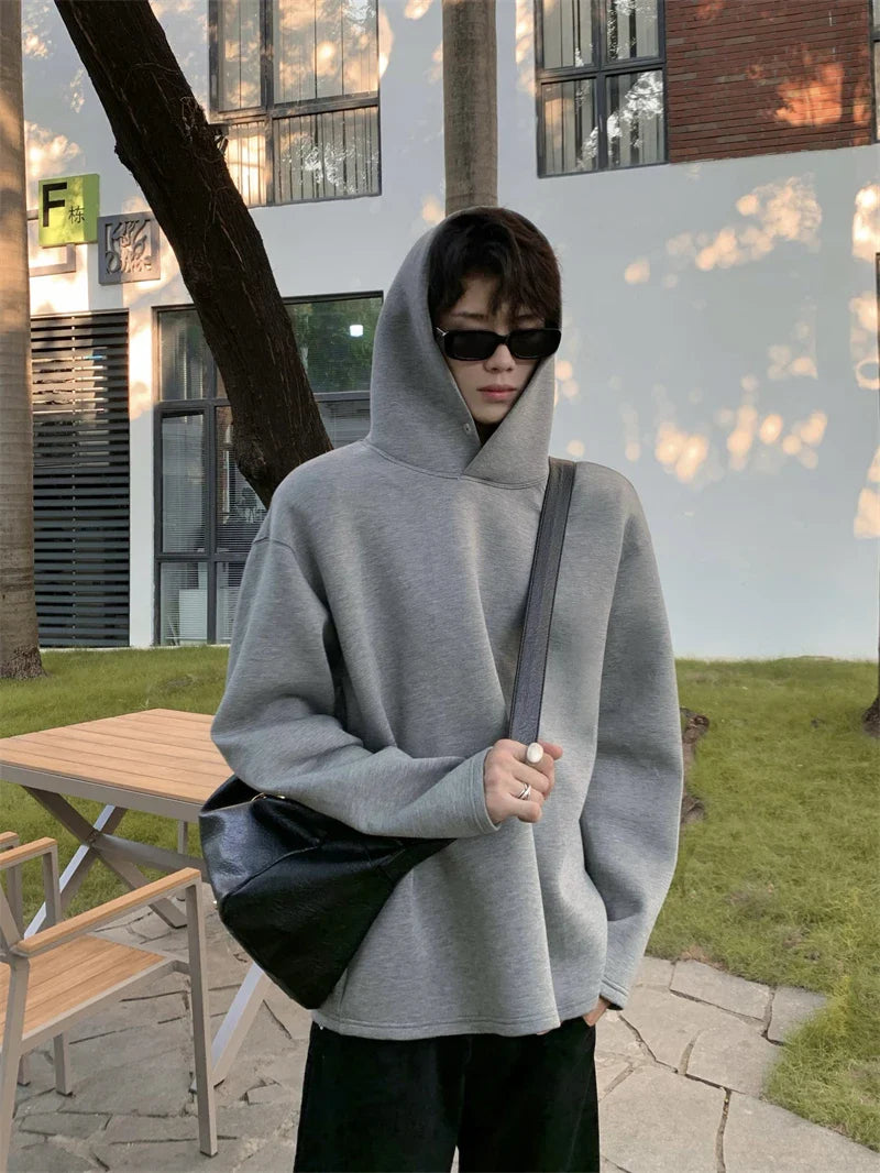 sanyamk - Men Solid Color Sets Casual Fashion 2 Piece Sets Space Cotton Stand Collar Button Loose Hoodies And Pants Korea Streetwear Style