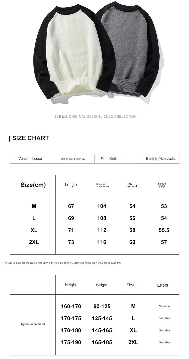 BONSIR - Crew Neck Sweater Men's Autumn and Winter Contrast Pullover Warm Bottom Shirt Casual Woolen Clothes Knitwear