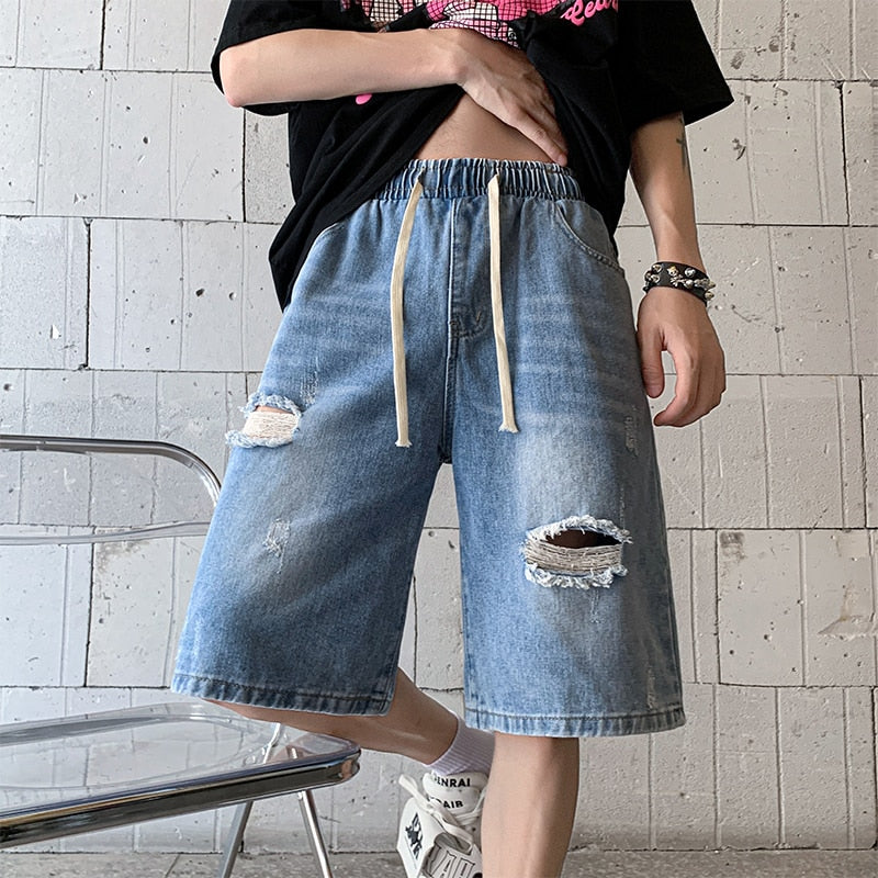sanyamk American Washed Vintage Jean Short Man Loose Hollow Hole Distressed Denim Short Pants Men Summer Streetwear Y2k Shorts